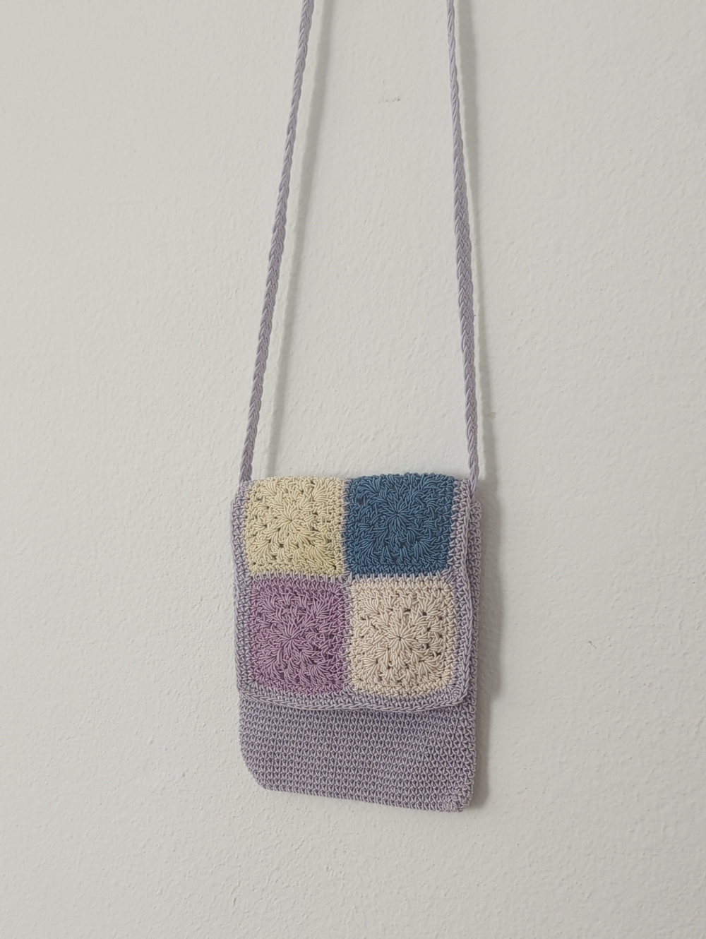Vintage Lavender Crochet Crossbody Bag with Colorblock Squares